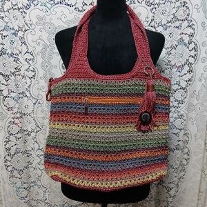 The SAK Crochet Rainbow Shoulder Bag Purse Multiple Compartments Boho Gypsy
